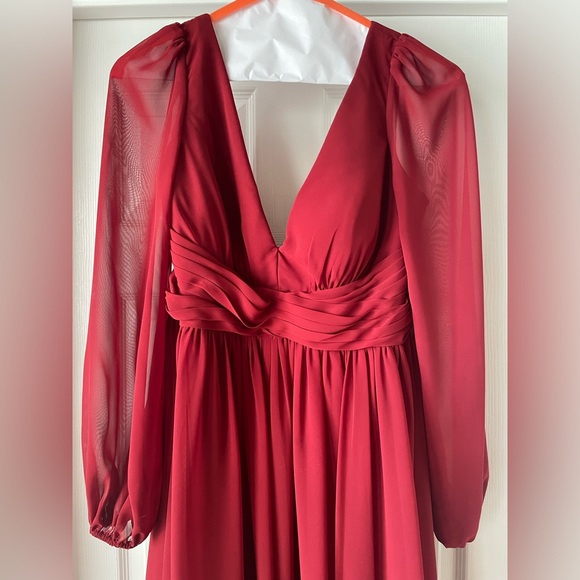 Azazie A-Line V-Neck Long Sleeve Chiffon Dress, in Pomegranate, Azazie Norah - Picture 3 of 7